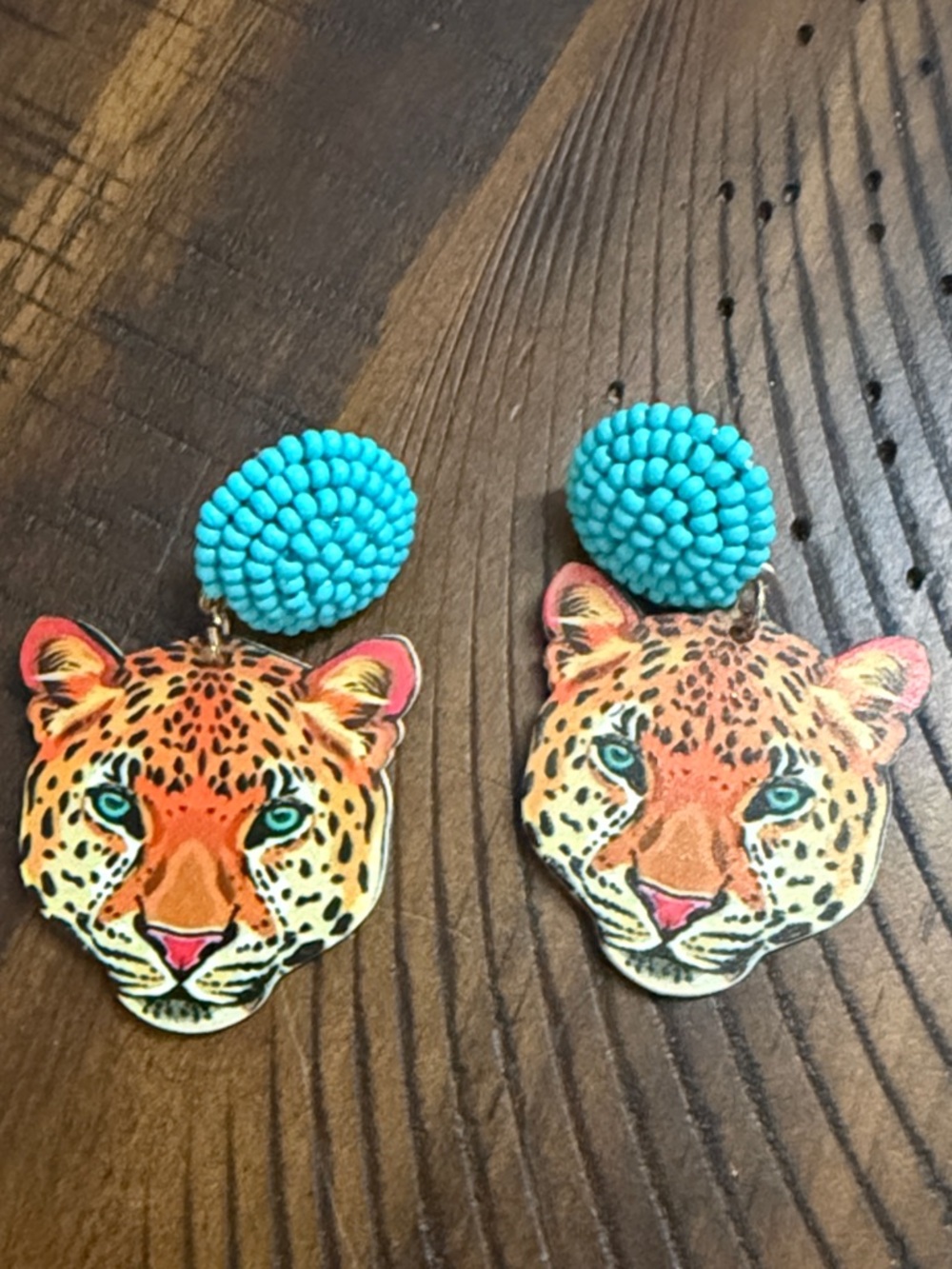 Turquoise Beaded Leopard Face Drop Earrings